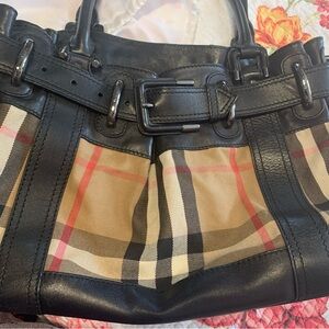 Burberry Leather Large  Black and Tan Bag with Textured Leather Trim